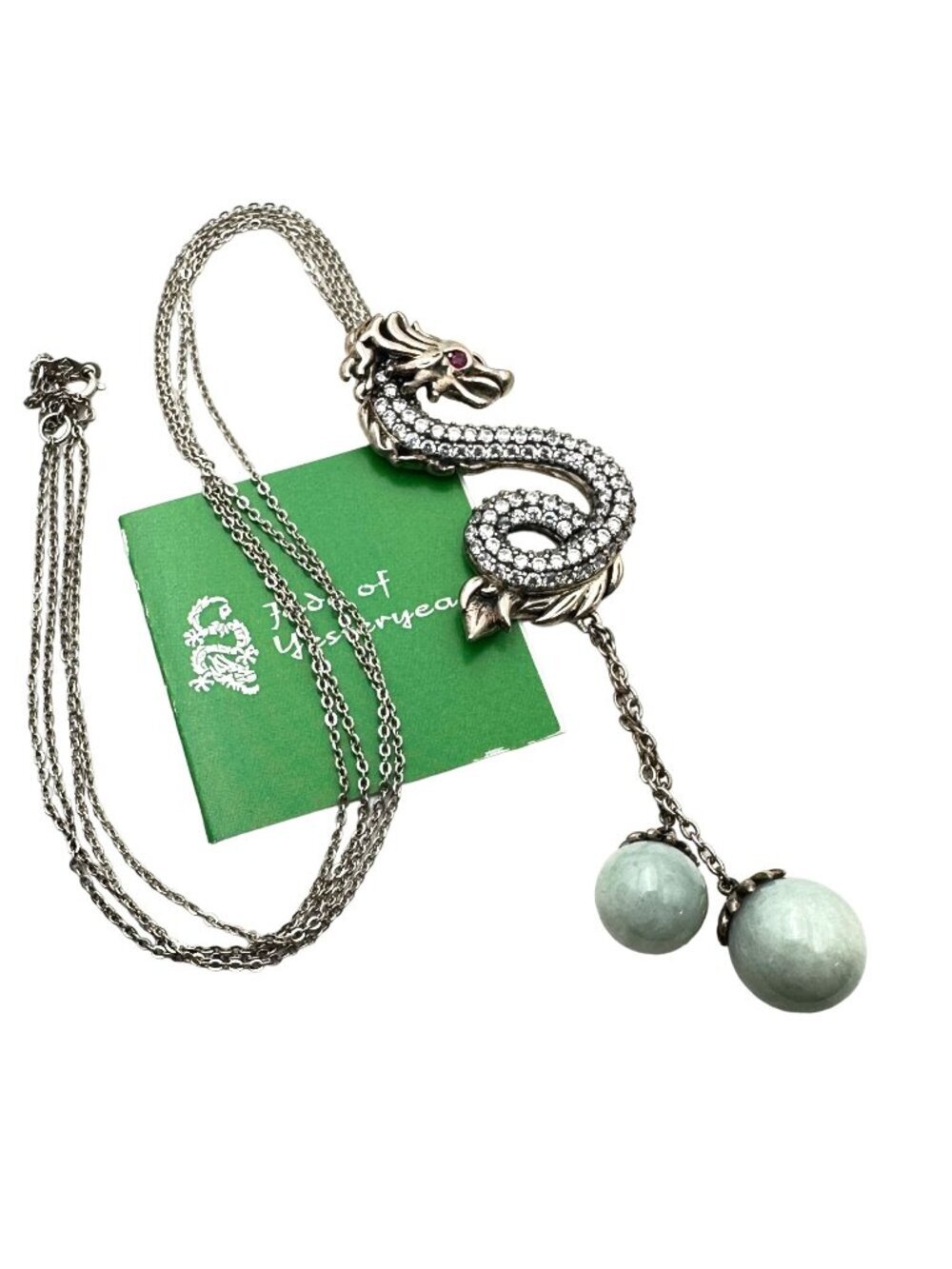 Jade of Yesteryear Womens Necklace Sterling Silver Green Jade Dragon Pendant